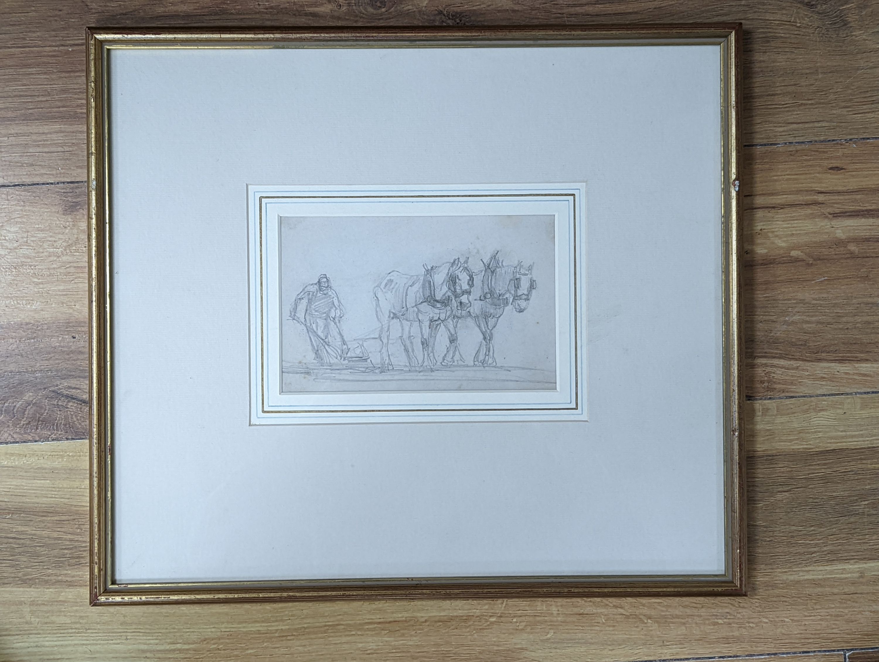 Attributed to Harold Swanwick (1866-1929), pencil drawing, Ploughman and horses, 11 x 17cm
